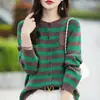 Cardigan de Punto Rayado Color Block 100% Algodón Puro para Mujer, Cuello Redondo, Manga Larga, Bolsillo Exterior, Chaqueta Corta Holgada, Primavera 2026