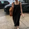 Vestido de tirantes de algodón y lino sin espalda estilo coreano de longitud media falda de lino holgada talla grande con abertura trasera estilo coreano