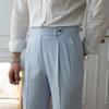 Pantalones Slim Azul Nápoles para Hombre Retro Británico Cintura Alta Negocios Drapeados a Rayas Casuales Pantalones Delgados a la Moda