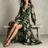 Vestido de Festa Estilo Europeu com Estampa Floral, Manga Longa, Decote V, Gola Lapela, Babados e Fenda Alta