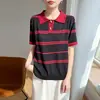 Estilo nuevo de primavera y verano, seda helada, cuello camisero, botones de cuerno, tejido, elegante, bloques de color, a rayas, corte holgado, top con mangas de tres cuartos para mujer