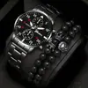 Set de 5 piezas/set de relojes nuevos para hombre: reloj de cuarzo falso de tres ojos genial + pulsera tejida de cuentas versátil