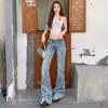 Jeans boca de sino com estampa de leopardo azul claro lavado retrô americano para mulheres, novo modelo de verão 2026, jeans justos e elásticos