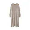 Vestido largo de punto acanalado 100% lana para mujer, Otoño/Invierno, Cuello redondo, Holgado, Por encima de la rodilla, Vestido base de punto