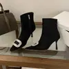 Botas de Cano Curto de Salto Alto Bico Fino Miting para Mulheres, Outono e Inverno, Fivela Quadrada com Strass, Zíper Lateral, Pretas, Elegantes e Versáteis