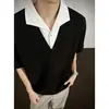 Camiseta Color-blocking Gola Polo Manga Curta Falsa Duas Peças para Homens e Mulheres, Patchwork Tendência Estilo Coreano Nova Solta Versátil Manga Meia Mão Estilo Coreano