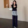 Conjunto de Verão para Gestante 2026 Novo Casual Estilo Preguiçoso Blusa com Cordão Renda Cobertura Calça de Pernas Largas Conjunto de Duas Peças
