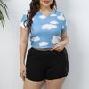 Top Blanco de Talla Grande con Estampado de Nubes Acanalado Corto Transfronterizo Europeo y Americano Casual Manga Corta Crop Top Camiseta 202145