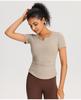 Camiseta Esportiva Feminina Alta Elasticidade Justa Modeladora Decote V Roupa de Yoga Top Secagem Rápida Respirável Roupa Externa para Corrida Fitness Manga Curta