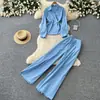 Conjunto de Dos Piezas de Camisa Casual de Manga Larga Holgada y Pantalones de Pierna Ancha para Mujer, Atuendo Casual Elegante Adelgazante para el Commuting de Otoño