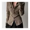 Estilo Otoño/Invierno 2026 Chaqueta Camisa de Botones con Solapa Dividida Estilo Retro Americano para Mujer Ajustada Favorecedora Versátil Top Base