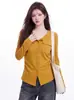 Top de punto patchwork estilo ropa de trabajo casual con bolsillos abotonados, nueva colección de otoño, camiseta de manga larga de moda para mujer