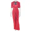 Estilo europeu e americano ins nova roupa feminina cor sólida plissada slim fit que abraça o quadril vestido longo para festas decote V caimento relaxado cintura marcada vestido longo