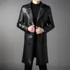 Casaco Longo de Couro Masculino Outono Inverno Casual de Negócios Jaqueta com Lapela Cintura Marcada com Cinto Tendência Estiloso Casaco de Motociclista