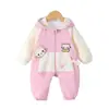 Enterizo con capucha para bebé niña de primavera y otoño con aplicación de gato 3D, combinación de colores rosa y blanco, cremallera bidireccional, adecuado para gatear al aire libre