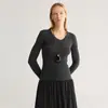 Top de punto sin costuras con cuello en U de lana 100% australiana, nueva colección otoño 2026 para mujer, ajuste ceñido, camiseta básica