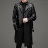 Abrigo de Cuero para Hombre de Otoño e Invierno, Estilo Coreano, Corte Ajustado, Longitud Extendida, Por Encima de la Rodilla, Doble Botonadura, Cuello de Solapa, con Cinturón, Gabardina de Cuero para Hombre
