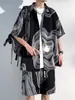 Traje de seda de hielo para hombre, de verano, fino, suelto, con estampado de tinta salpicada, camisa de manga corta, marca de moda Ruan Shuai, pantalones cortos deportivos casuales, conjunto de dos piezas