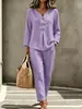 Traje casual casual de dos piezas para mujer, nuevo, transfronterizo europeo y americano, color liso, con botones, cuello en V