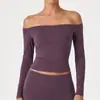 Top de yoga feminino estilo europeu e americano, alta elasticidade, ombro a ombro, camiseta fitness de manga longa, modelador, em estoque, adequado para usar em camadas
