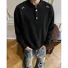 Venta al por mayor de fábrica Camiseta de manga larga Henley de punto gofre color azul Klein para hombre, textura simple, botones semiabiertos, capa base