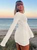 Estilo Europeu e Americano Sexy Sem Costas Solto Gola Redonda Cor Pura Alça Vestido Casual Slim de Manga Comprida Cobertura de Praia