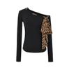 Camiseta de Manga Larga con Tirantes y Hombros Descubiertos con Estampado de Leopardo Diseñada para Mujer en Otoño 2025 Look Adelgazante Sexy Top Negro para Usar Debajo