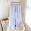 Calça de pijama feminina em gaze de algodão puro de camada dupla para primavera e verão, calça longa de cor sólida nova, simples e casual, adequada para usar ao ar livre e para caminhar