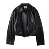 Chaqueta de Cuero Texturizado con Borde Aceitado Estilo Vintage para Mujer, Abrigo Corto de Motociclista con Cuello Revatible de Otoño