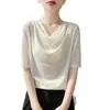 Atacado transfronteiriço de novas blusas femininas de primavera e verão com gola redonda e mangas curtas, design de gola solta estilo francês, blusa básica de manga curta