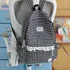 Mochila Fresca Estilo Coreano com Estampa Xadrez e Bolinhas com Acabamento em Renda, Pequena Mochila Escolar para Meninas, Adequada para Alunos do Ensino Fundamental II e Médio, Bolsa para Mulheres que se Deslocam