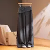 Pantalones de pierna ancha de imitación de dos piezas para mujer, adelgazantes, con dobladillo de volantes, estilo otoño, elegantes, de cintura alta, casual, corte curvo, pantalones de traje tipo globo