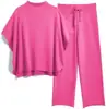 Conjunto de Tricô Cruzado de Manga Longa com Gola Alta Meia-Alta e Manga Morcego, Conjunto de Duas Peças com Calça de Perna Larga Solta e Fluida, Manga Curta para o Início do Outono