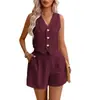 Conjunto de Chaleco y Shorts de Lino Estilo Europeo y Americano Transfronterizo para Primavera/Verano Casual de Oficina Chaleco de Botones Delanteros Cuello V Ropa de Verano