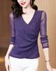 Camiseta Base de Malla con Cuello en V Ropa Interior para Mujer Invierno 2024 Nueva Moda Camiseta Elegante Camiseta de Manga Larga Top Elegante