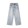 Jeans retro lavados de estilo americano de moda con estampado de alas de ángel, corte holgado y pierna ancha, para hombres y mujeres, transfronterizos