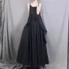 Vestido con Tirantes 2026 Verano Nuevo Estilo Artístico Color Sólido Falda Plisada Acampanada de Lino Moderno Vestido Largo