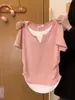 Camisa de Manga Corta con Contraste Falsa de Dos Piezas Estilo Americano para Mujer Verano 2024 Retro Ajustada Adelgazante Nicho Costura Camiseta Top Tendencia