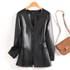 Jaqueta de Couro Haining para Mulheres, Comprimento Médio, Preta, Gola Alta, Cintura com Amarração, Jaqueta de Couro, Novo Estilo Outono e Inverno, Elegante Casaco de Couro