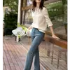 Promoção de Liquidação Camiseta com Textura Canelada Estilo Francês, Decote V para Mulheres, Versátil e Emagrecedora, Adequada para Primavera e Outono