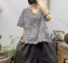 Blusa de Algodão Bordada Estilo Preguiçoso Verão Novo Gola Redonda Pulôver Manga Média Fina Camisa Base Retrô Top