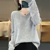 Suéter de punto suelto de color sólido con cuello en V y manga corta, suave y acogedor, para otoño e invierno, 26, transfronterizo, capa base simple para mujer