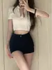 Shorts Jeans Preto Versátil para Comércio Exterior Transfronteiriço, Hot Pants Ultra-Curtos que Moldam o Quadril para Mulheres, Calças Apertadas de Cintura Alta para o Verão