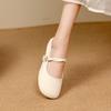 Sapatos de Camada Única de Salto Baixo Estilo Francês Verão Feminino para o Dia a Dia 2024 Novo Estilo Sapatos de Sola Macia com Saia Boca Rasa Bico Redondo Salto Grosso Antiderrapante