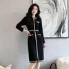 Vestido Longo Slim de Tricô Estilo Pequeno Chanel Feminino 2026 Outono Inverno Novo Manga Longa Camada Base Vestido Preto Pequeno Hepburn
