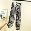 Calça de Verão Feminina Estampada Tie-Dye Tinta Fina Anti-mosquito Cintura Alta Tamanho Grande Calça Bloomers Solta Casual Bloomers