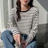 Tiktok Daifa primavera y otoño estilo coreano cuello redondo talla extra algodón a rayas manga larga camiseta mujer suelta top base interior