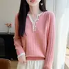 Cárdigan de punto de lana pura de dos piezas sintéticas para mujer, nuevo otoño/invierno, cuello semiv profundo, manga larga, bloque de color, botones, tejido de canalé