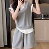 Conjunto de Falso Dos Piezas Estilo Waffle para Mujer, Atuendo de Moda Petite, Conjunto Deportivo de Dos Piezas con Shorts de Manga Corta Adelgazantes para Verano