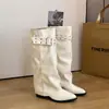 Botas largas retro con hebilla de remaches estilo chica picante para mujer, versátiles elásticas para otoño que aumentan la altura, con faldas, botas de vaquero occidentales
